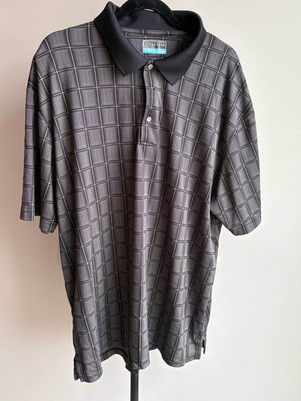 PGA Tour Black and Gray Grid-Pattern Polo